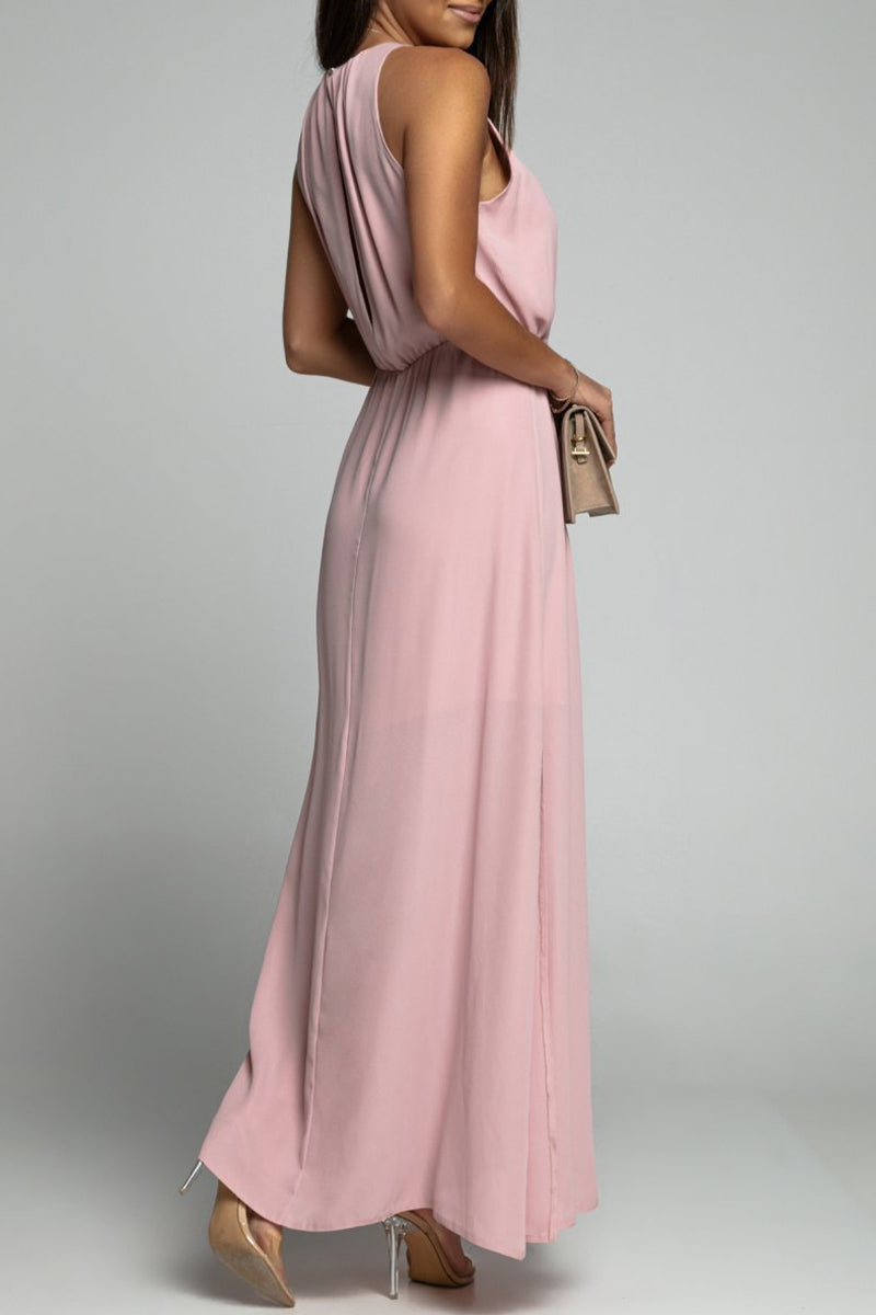 Elegant Solid Backless Slit O Neck Sleeveless Dress Dresses