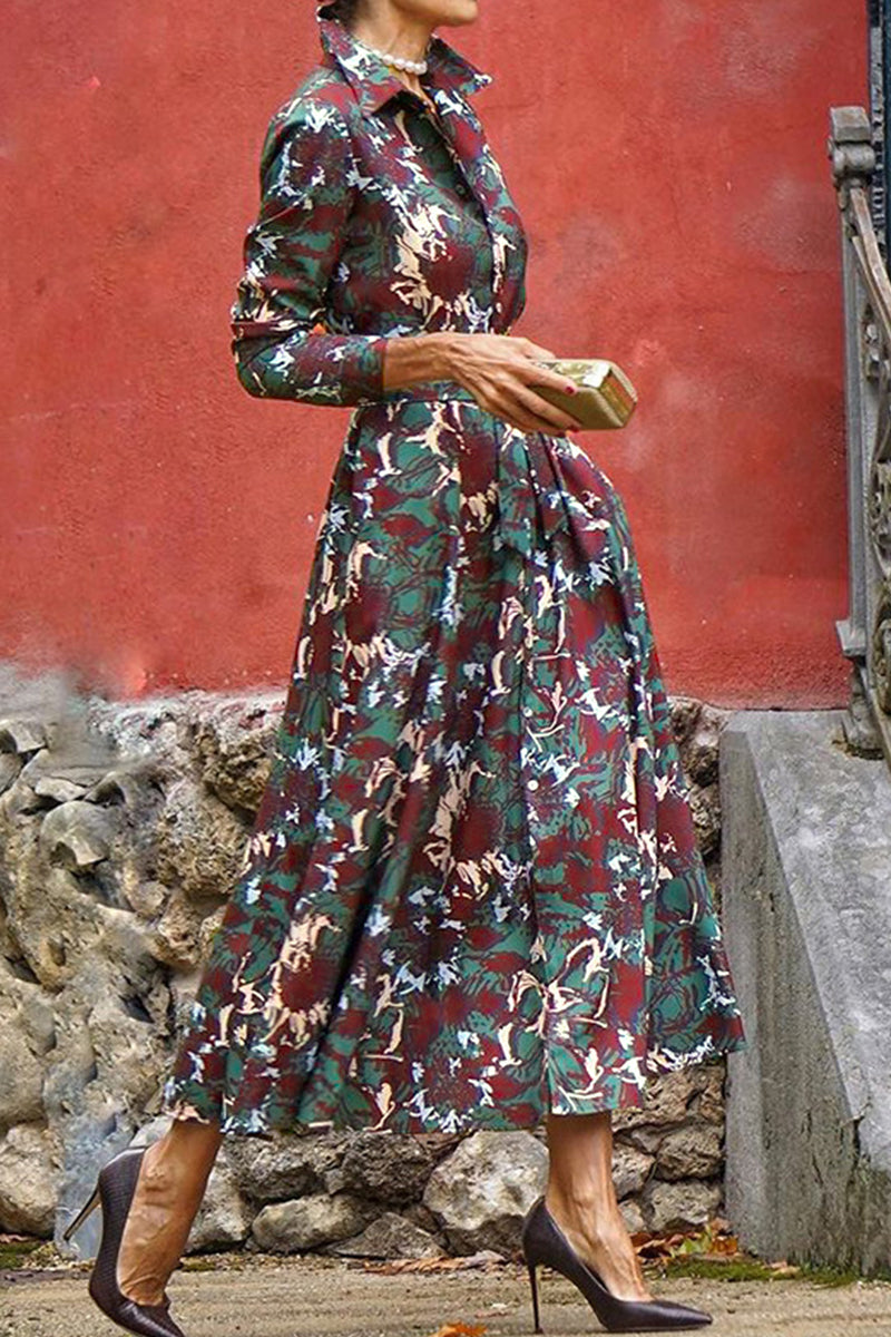 Elegant Floral Bandage Turndown Collar Printed Dress Dresses