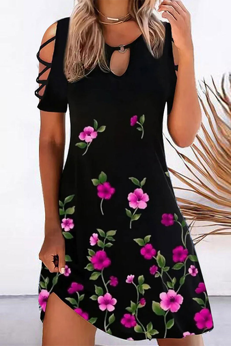 Casual Geometric Hollowed Out Printing O Neck Printed Dress Short Sleeve Dress