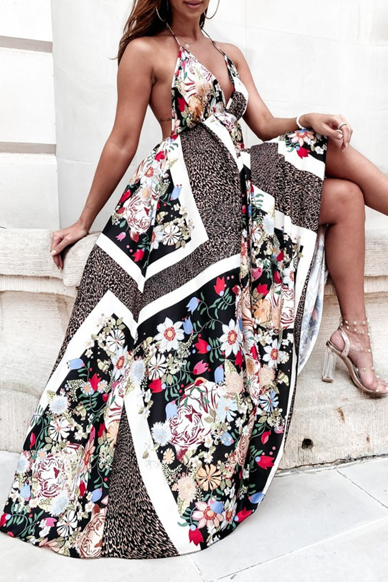 Sexy Bohemian Geometric Print Backless V Neck Sling Dress Dresses