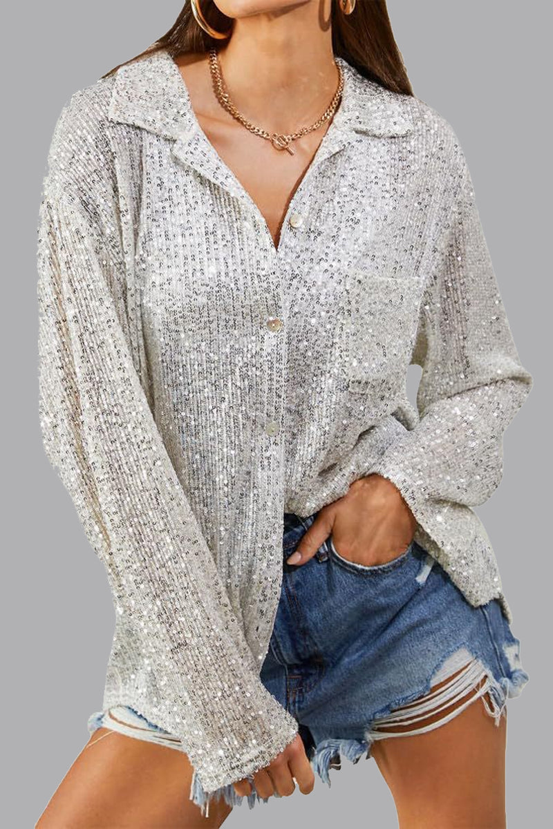 Casual Solid Sequins Turndown Collar Tops