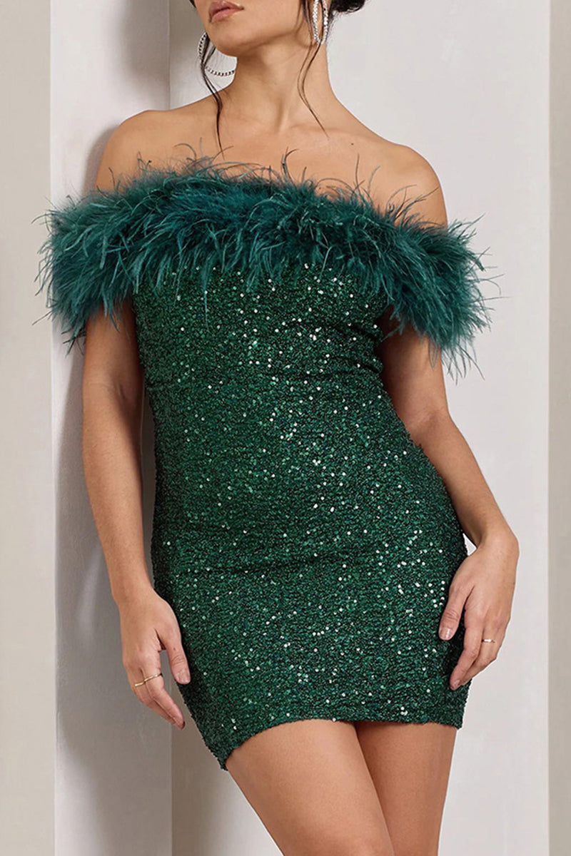 Sexy Solid Sequins Feathers Off the Shoulder Wrapped Skirt Dresses