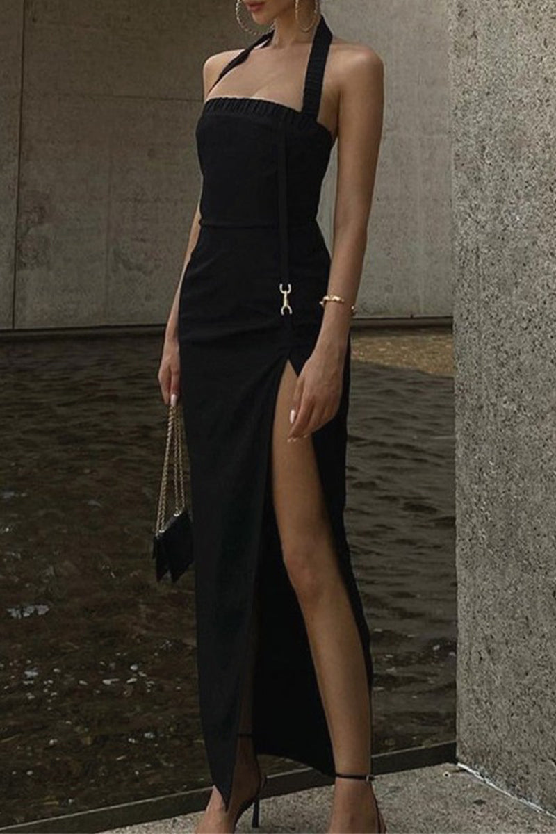 Sexy Solid Slit Halter Wrapped Skirt Dresses