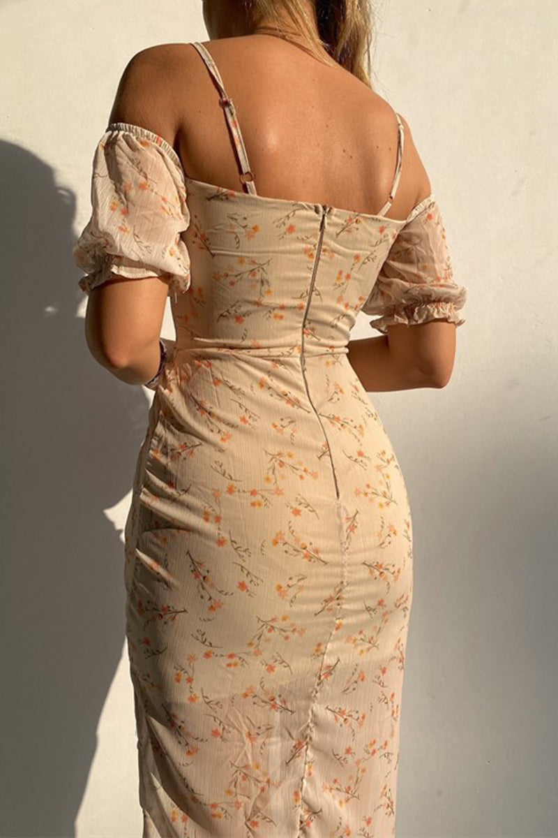 Sexy Floral Slit V Neck Irregular Dress Dresses