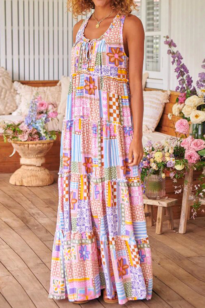 Casual Sweet Not Positioning Printed Patchwork Contrast O Neck Printed Dress Dresses