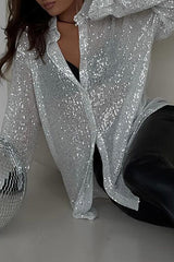 Sexy Solid See-through Sequined Turndown Collar Tops