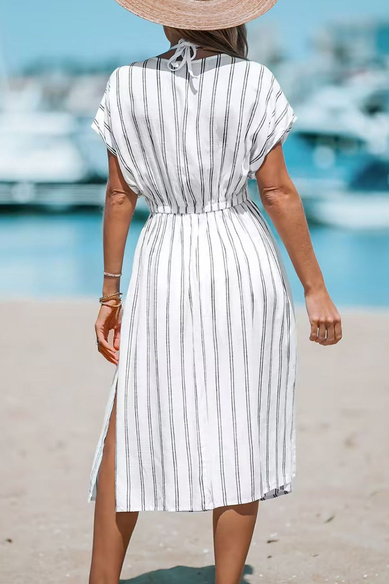 Casual Vacation Striped Slit V Neck Beach Dress Dresses