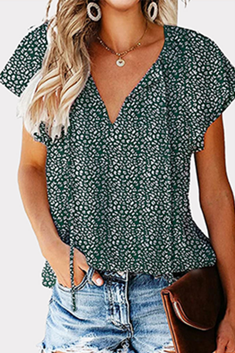 Casual Print Patchwork Frenulum V Neck Blouses(8 Colors)