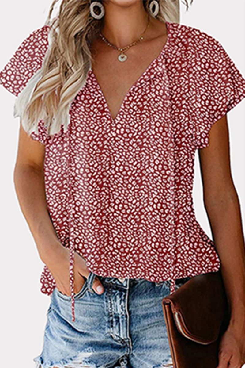 Casual Print Patchwork Frenulum V Neck Blouses(8 Colors)