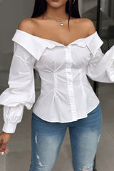 Casual Solid Buttons Off the Shoulder Tops