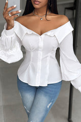 Casual Solid Buttons Off the Shoulder Tops