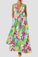 Casual Print Patchwork Slit V Neck Long Dress Dresses