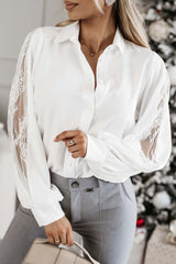 Elegant Solid Mesh Shirt Collar Tops