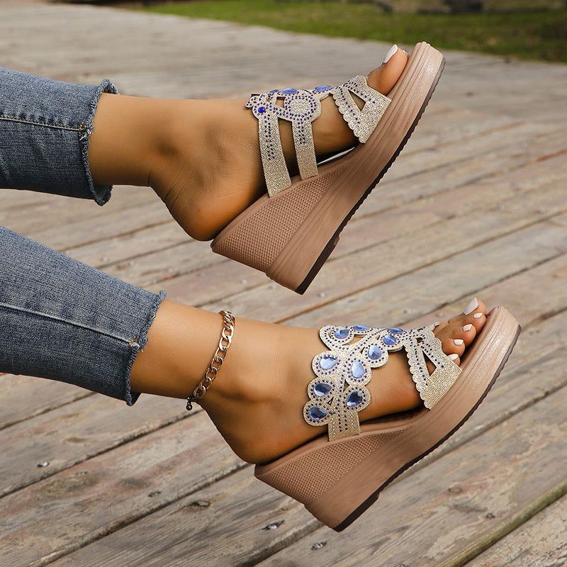 Casual Hollowed Out Patchwork Rhinestone Fish Mouth Out Door Wedges Shoes (Heel Height 3.15in)