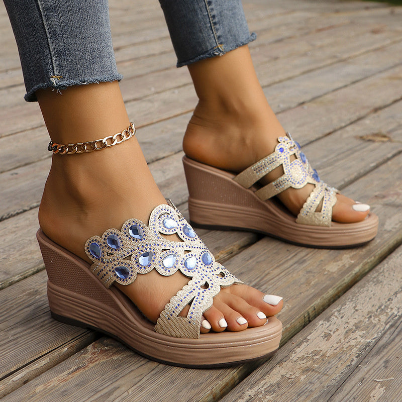 Casual Hollowed Out Patchwork Rhinestone Fish Mouth Out Door Wedges Shoes (Heel Height 3.15in)