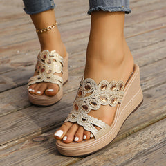 Casual Hollowed Out Patchwork Rhinestone Fish Mouth Out Door Wedges Shoes (Heel Height 3.15in)