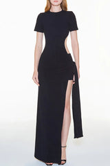 Sexy Solid High Opening Asymmetrical O Neck Irregular Dress Short Sleeve Dress