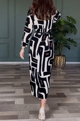 Vintage Geometric Print Slit With Belt O Neck One Step Skirt Dresses