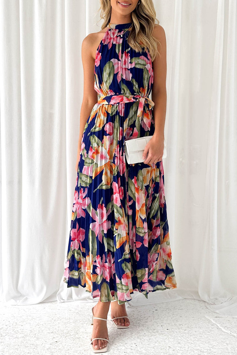 Vintage Elegant Floral Frenulum Halter Printed Dress Dresses