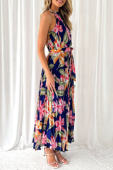 Vintage Elegant Floral Frenulum Halter Printed Dress Dresses