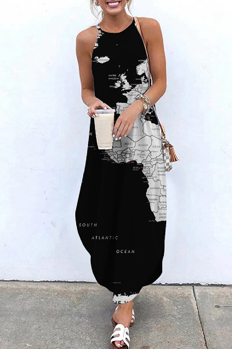 Casual Print Basic O Neck Long Dress Dresses