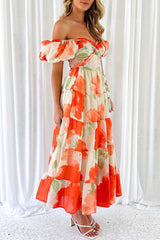 Sweet Elegant Floral Hollowed Out Off the Shoulder Printed Dress Dresses