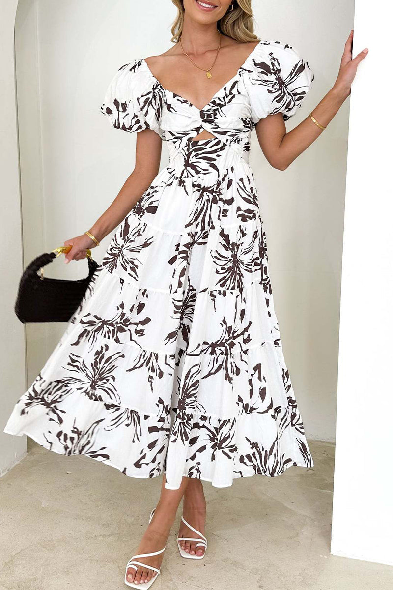 Sweet Elegant Floral Hollowed Out Off the Shoulder Printed Dress Dresses