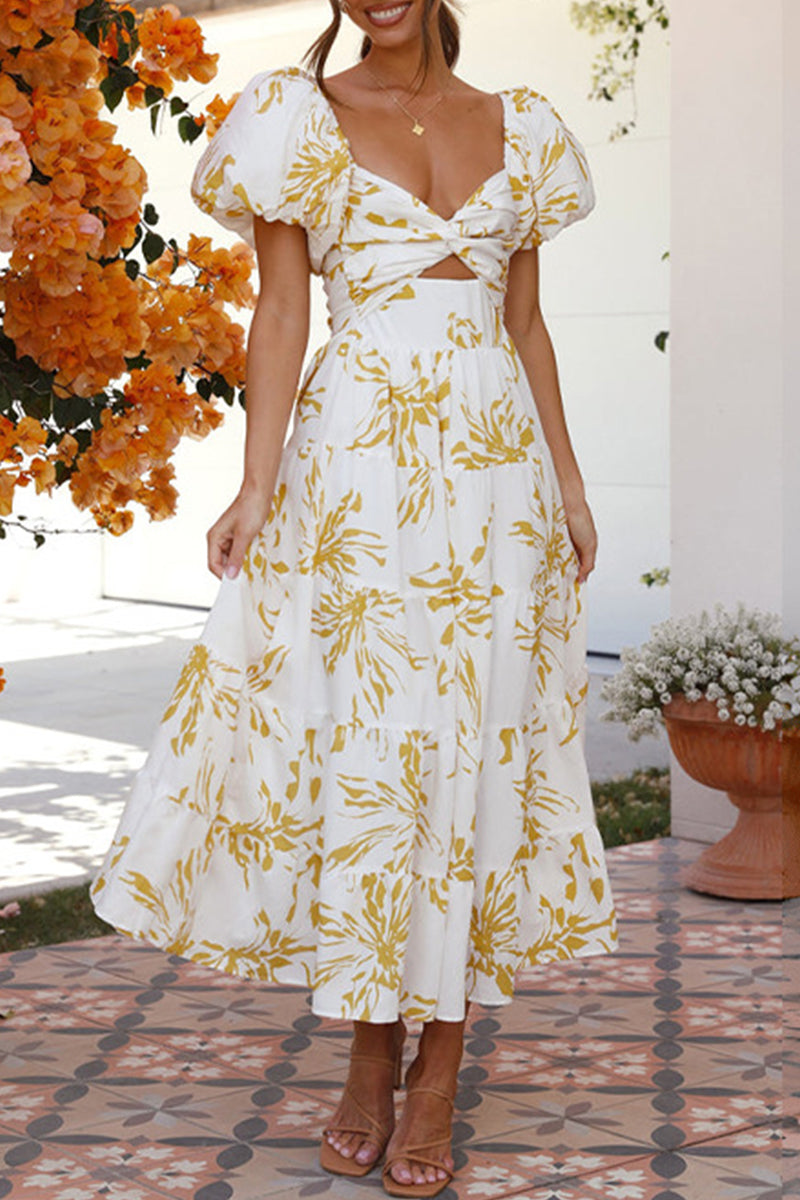 Sweet Elegant Floral Hollowed Out Off the Shoulder Printed Dress Dresses