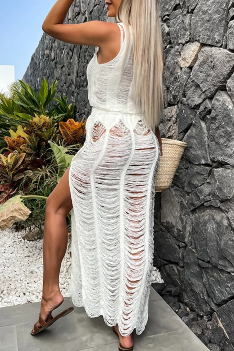 Sexy Vacation Solid Hollowed Out Slit O Neck Sleeveless Two Pieces(3 Colors)