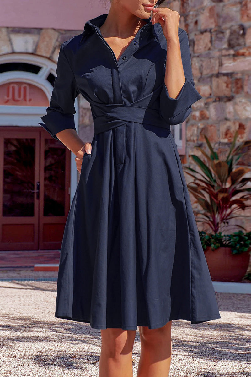 Elegant Solid Bandage Pocket Buttons Turndown Collar Shirt Dress Dresses