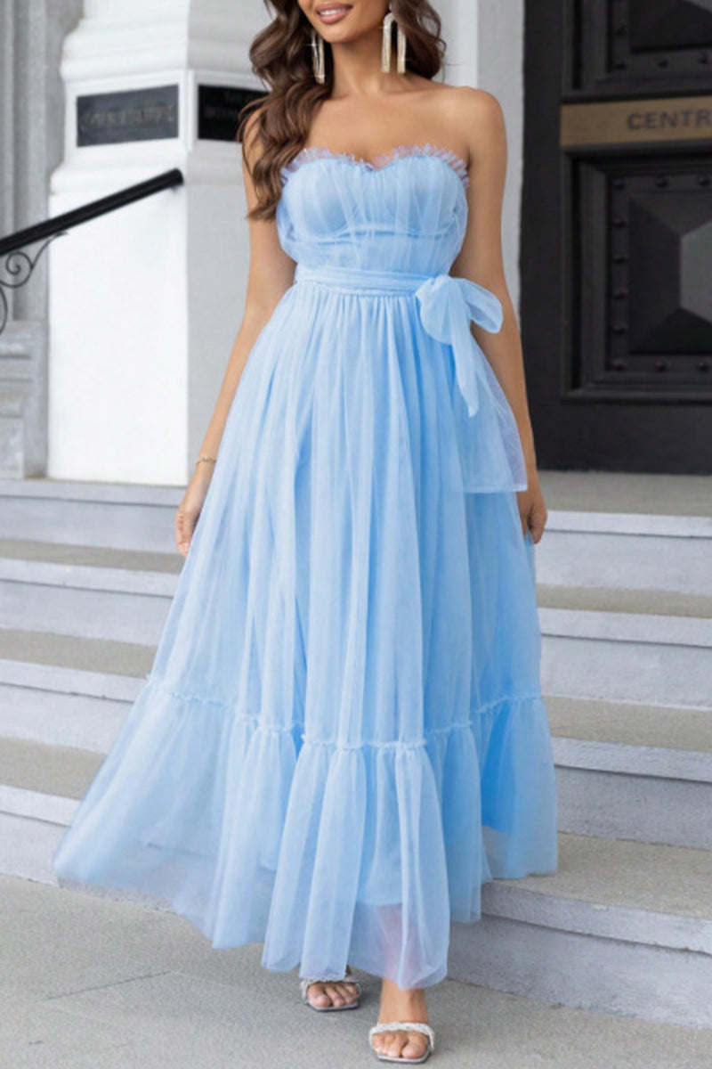 Elegant Formal Solid Frenulum Flounce With Bow Strapless Evening Dress Dresses