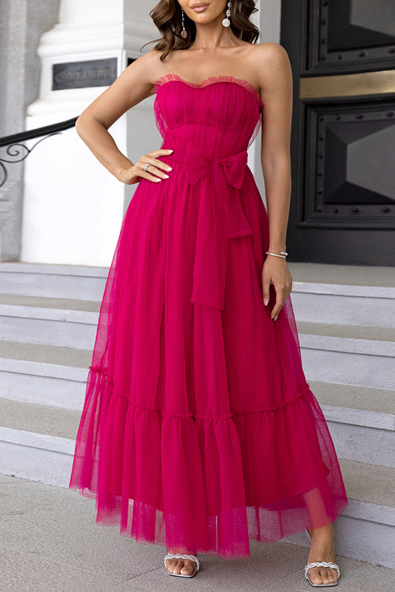 Elegant Formal Solid Frenulum Flounce With Bow Strapless Evening Dress Dresses