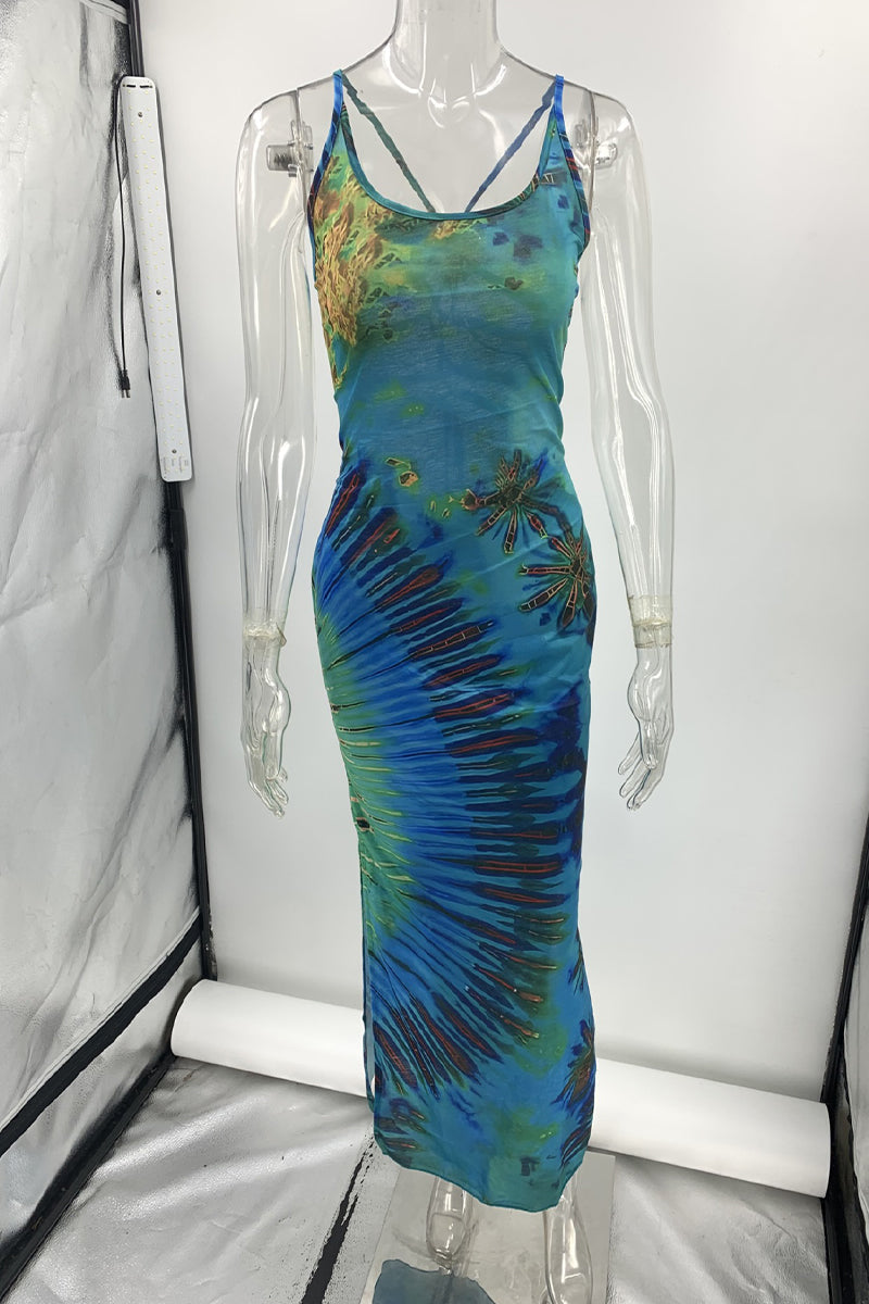 Sexy Vintage Print Tie Dye Backless Slit U Neck Sling Dress Dresses