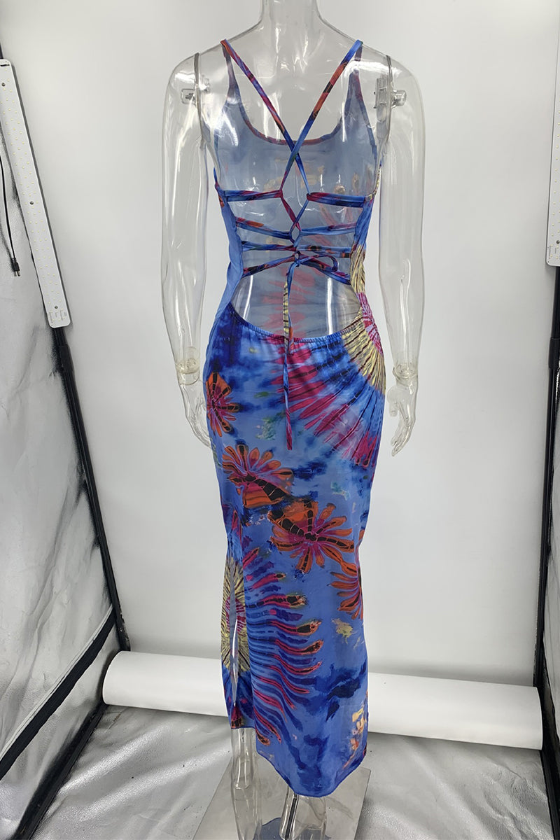 Sexy Vintage Print Tie Dye Backless Slit U Neck Sling Dress Dresses