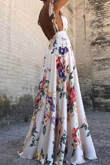 Elegant Floral Backless V Neck Printed Dress Dresses(3 Colors)