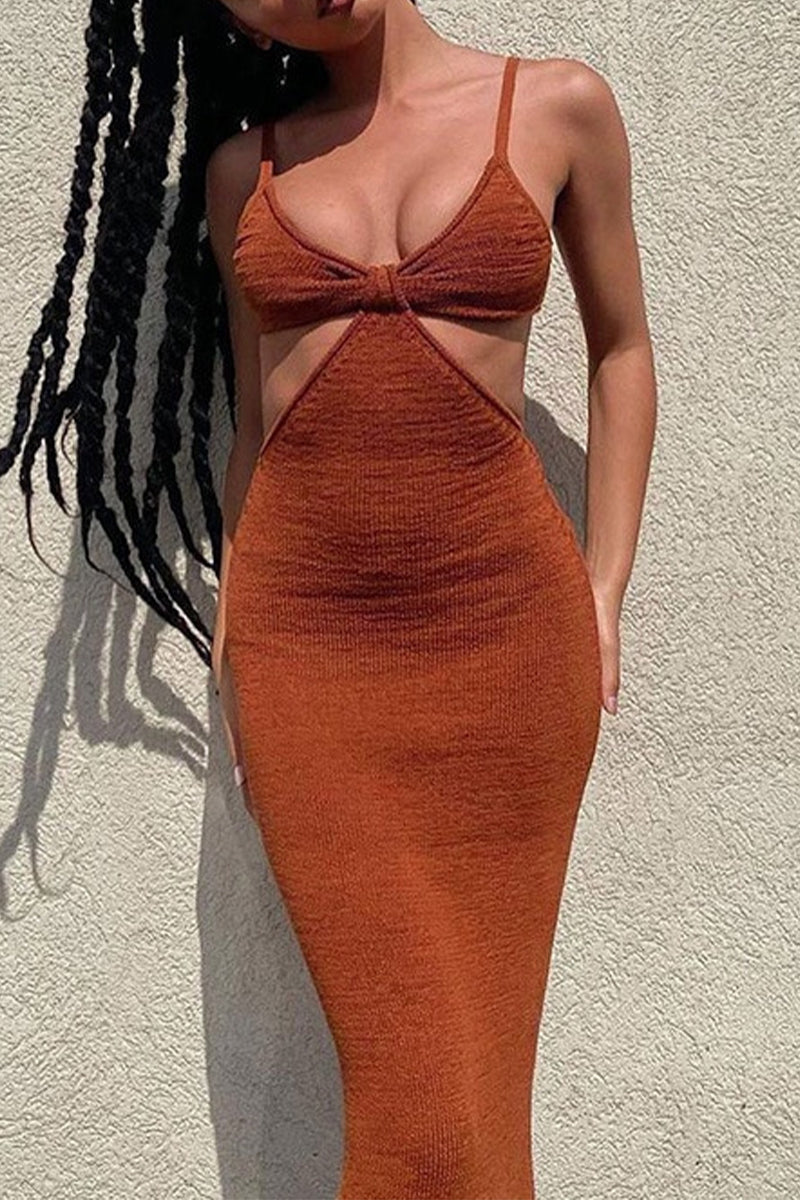 Sexy Vacation Solid Backless V Neck Wrapped Skirt Dresses