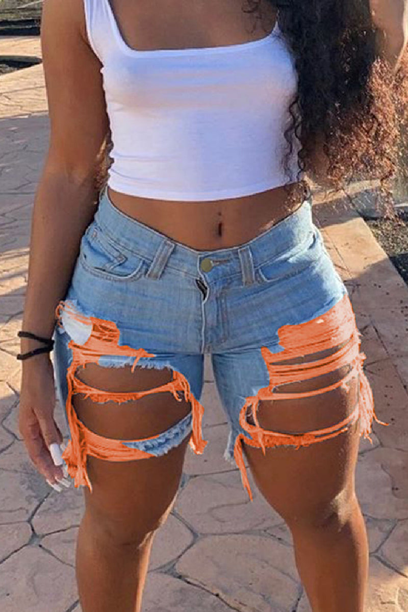 Casual Solid Ripped High Waist Skinny Denim Shorts