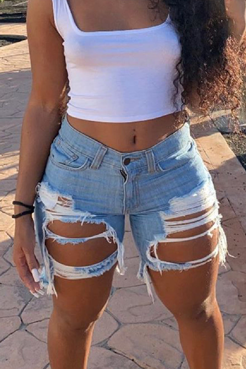 Casual Solid Ripped High Waist Skinny Denim Shorts