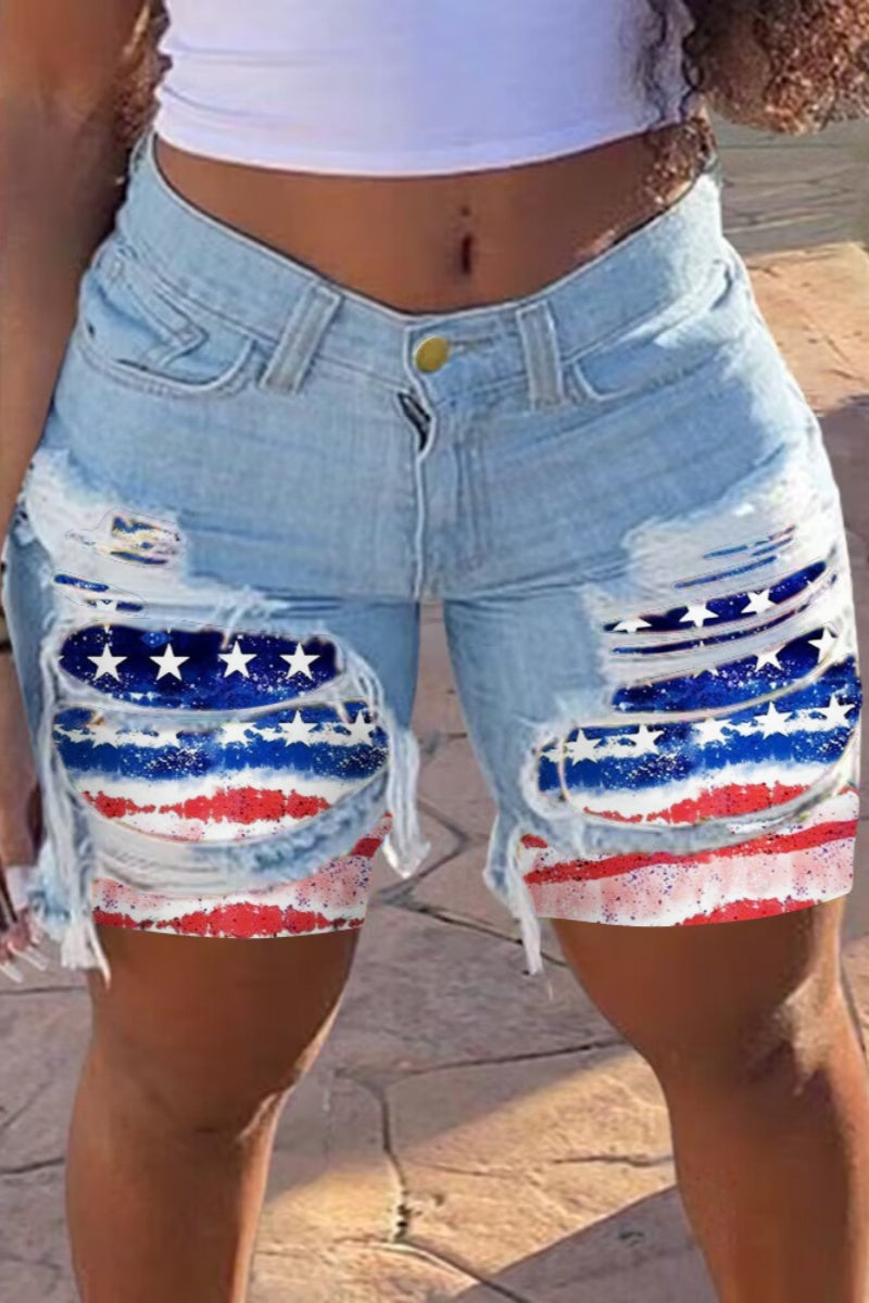 Casual Patchwork Ripped Mid Waist Skinny Denim Shorts