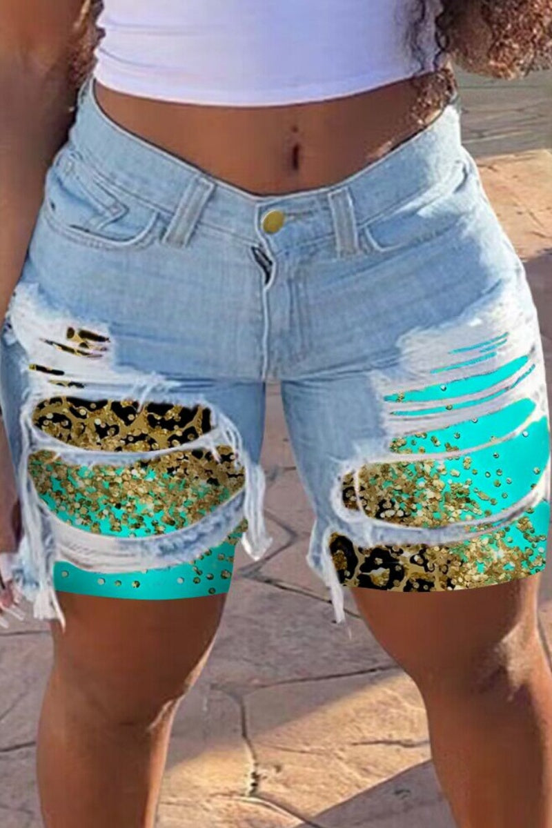 Casual Patchwork Ripped Mid Waist Skinny Denim Shorts