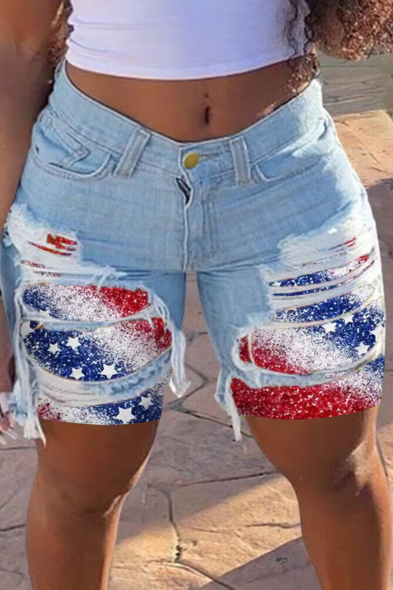 Casual Patchwork Ripped Mid Waist Skinny Denim Shorts