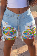 Casual Patchwork Ripped Mid Waist Skinny Denim Shorts