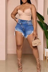 Casual Solid Ripped Patchwork High Waist Skinny Denim Shorts