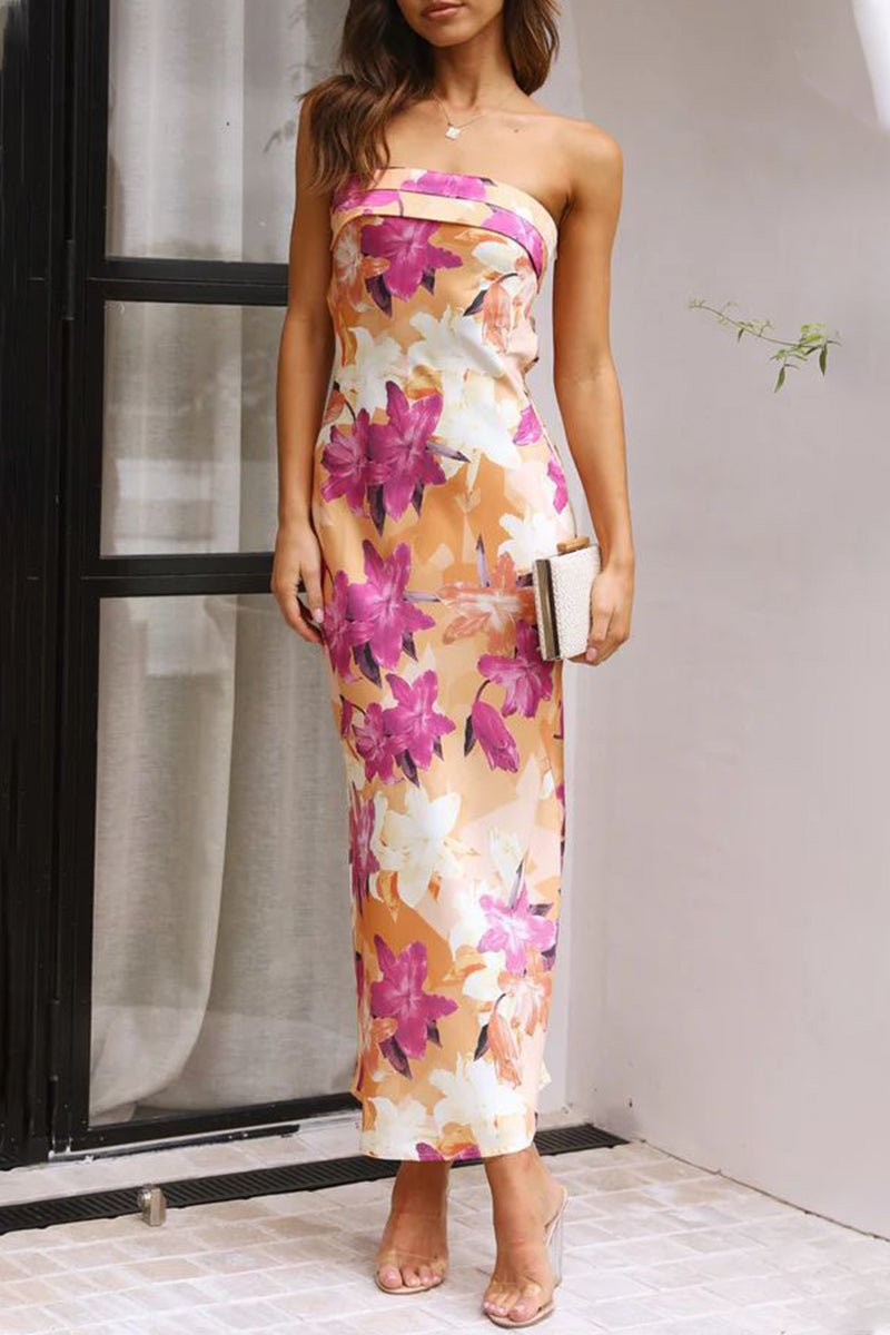 Celebrities Elegant Floral Backless Strapless Printed Dress Dresses