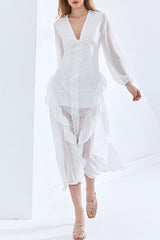 Sweet Vacation Solid See-through Flounce V Neck Beach Dress Dresses