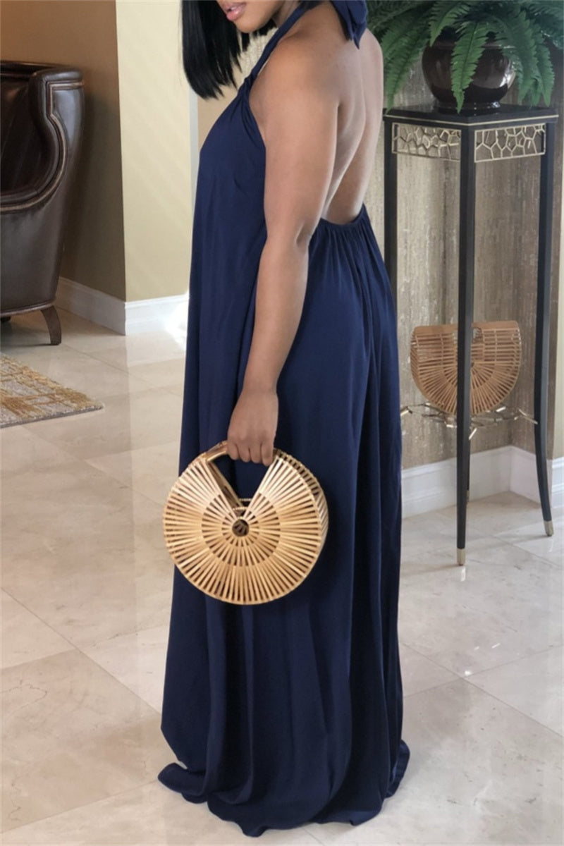 Sexy Casual Solid Bandage Backless Halter Long Dress Dresses