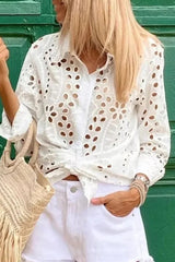 Casual Solid Hollowed Out Turndown Collar Blouses