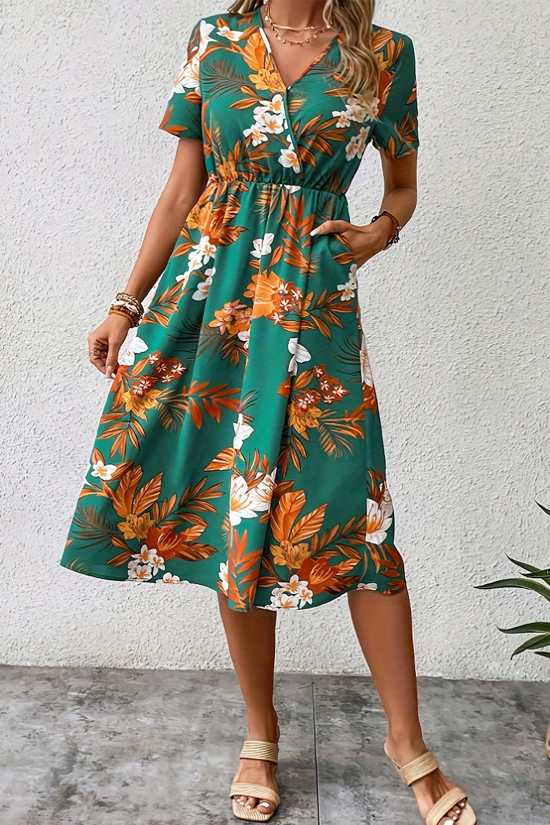 Vintage Elegant Floral Pocket V Neck Printed Dress Dresses