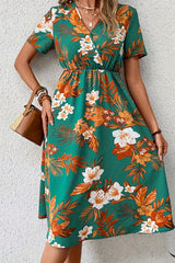 Vintage Elegant Floral Pocket V Neck Printed Dress Dresses