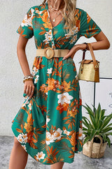 Vintage Elegant Floral Pocket V Neck Printed Dress Dresses